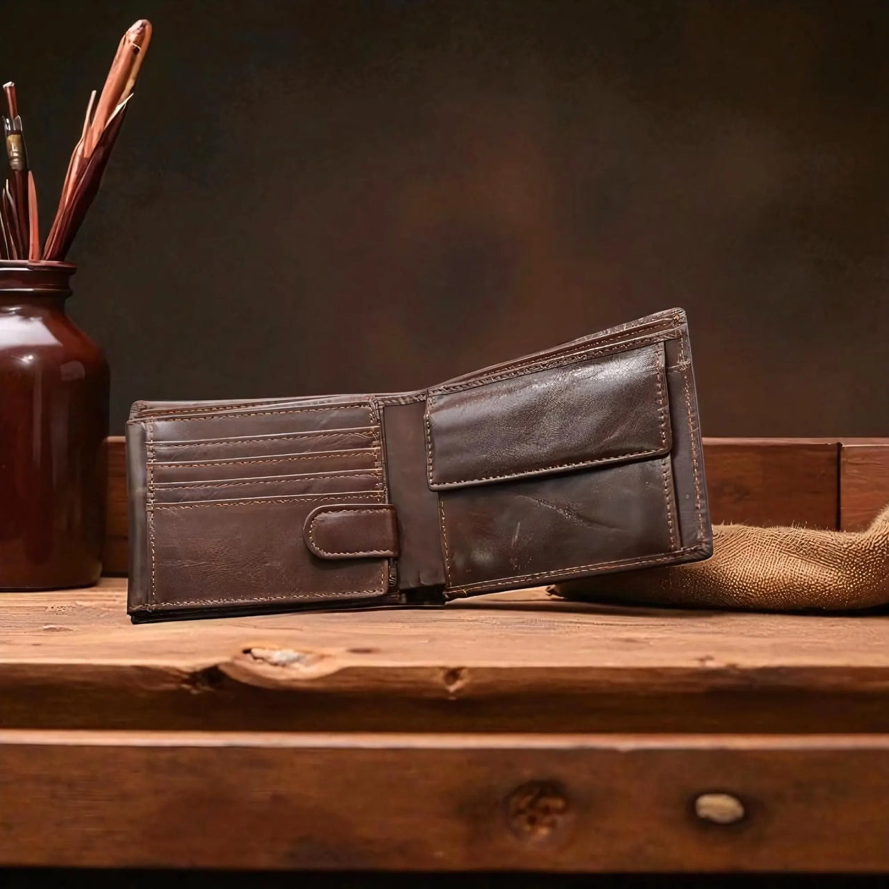 Personalized Leather Wallet: Engraved Brown Bifold with Coin Pocket